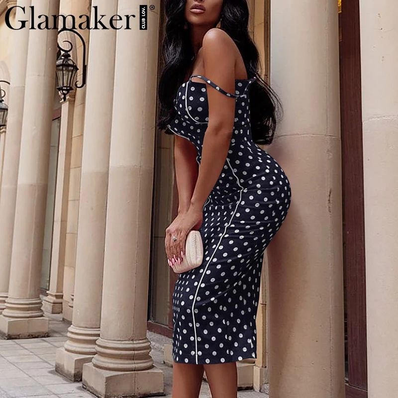 

Glamaker Dot print sexy boho bodycon dress Women split straps party midi sundress Summer elegant holiday club beach dress ladies