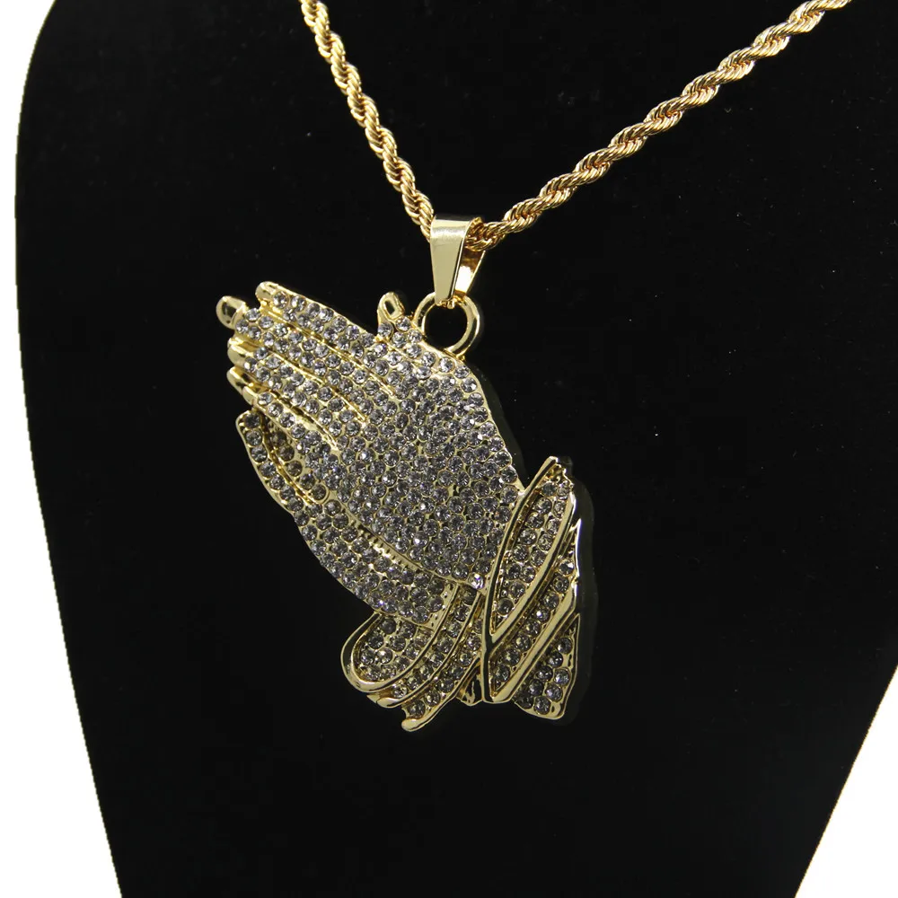 Trendy Men Necklaces with Full Rhinestone gargantilha Prayer Hands