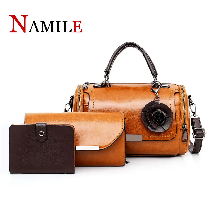 

Boston handbag women's combination set of 3 sets of elegant flower pendants women's tote bag mini card bag fashion leather bag