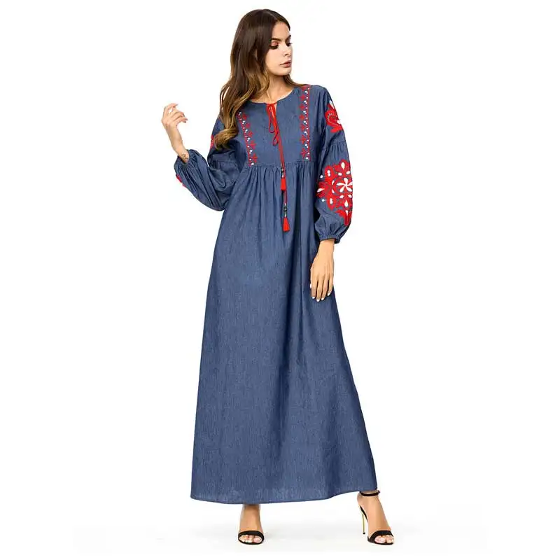 2019 мусульманская винтажная вышивка Макси платье abaya кимоно свободные Рамадан