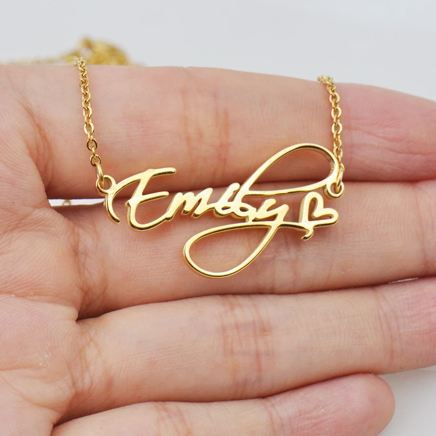 Charming Cursive Name Heart Necklace Pendant Stainless Steel Gold Color