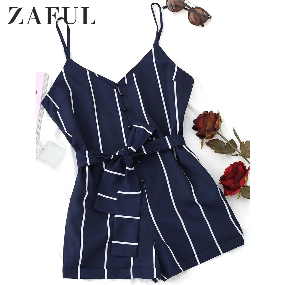 

ZAFUL 2019 Striped Belted Cami Romper Women Jumpsuit Casual Spaghetti Strap Buttons Playsuit Outfits Beachwear Summer Overalls