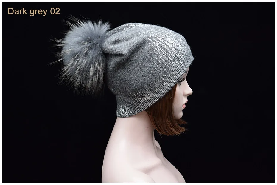 Dark grey 02 Новинка года; сезон осень-зима; Ins; цвет золотистый, Серебристый; Шерстяная Вязаная Шапка-бини с мехом енота; Кепка с помпонами; Skullies; женские бини - Цвет: Dark grey 02
