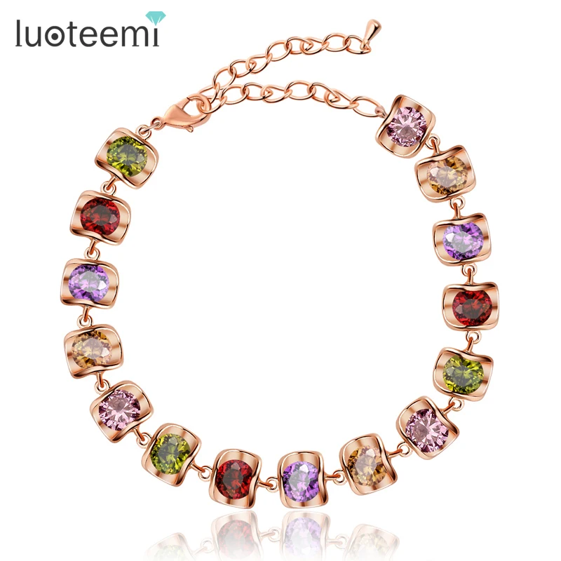 

LUOTEEMI Chain Link Bracelet Rose Gold-Color Multicolor Shape AAA Zirconia Stone Charm Bracelet for Women Party Jewelry Gifts