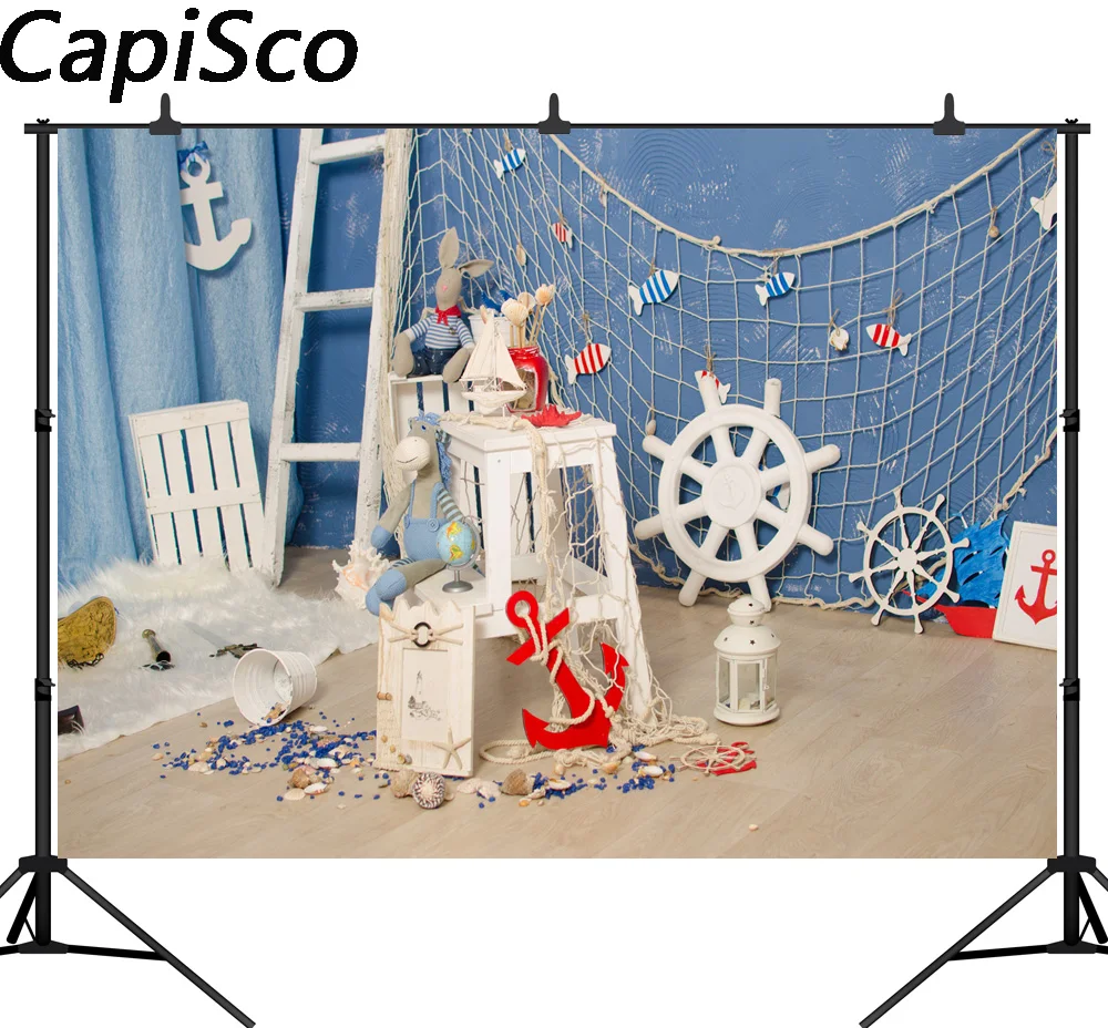 

Capisco Net Anchor Shells Wooden Boards Scene Baby party Photography Backgrounds Custom Photographic Backdrops For Photo Studio