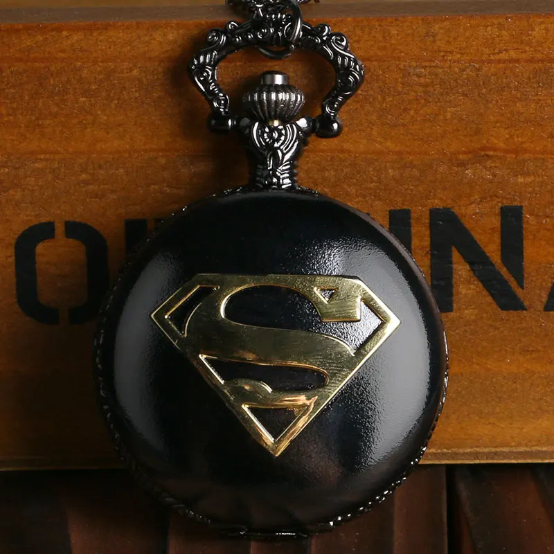 

Vintage Fashion Pendant Steampunk Superman Silver Black Bronze Color Case Quartz Pocket Watch Unique Necklace Chain fob Hot Gift