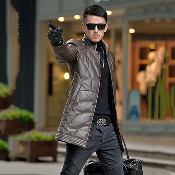

Men plus size sheepskin jacket 2019 fashion large size genuine leather down coat medium long single-breasted slim jacket men FC3