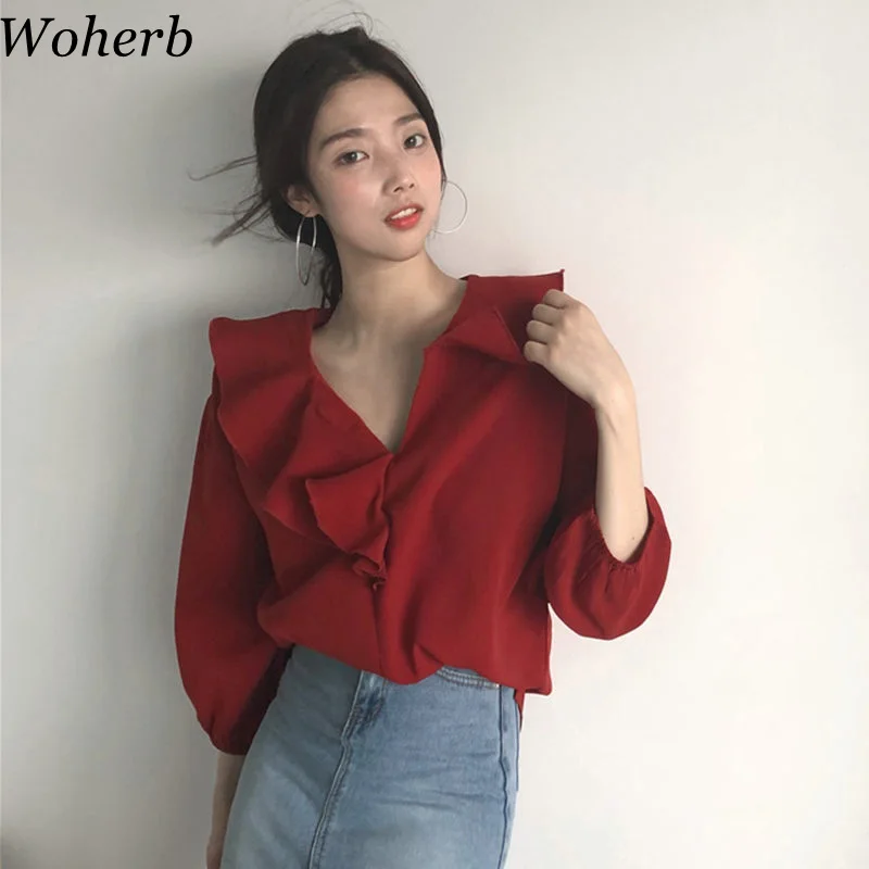 

Woherb 2019 Summer Korean Chiffon Blouse Women Elegant Ruffle V-neck Solid Shirt Ladies Tops Loose Blusas Femininas 20830