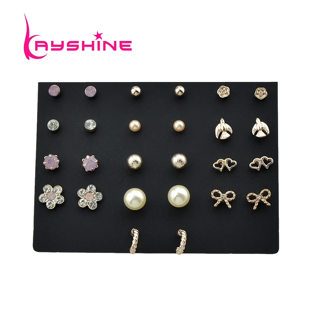 Kayshine 12 Pairs/Set Gold-Color With Simulated-pearl Rhinestone Bowknot Flower Heart Shape Stud Earrings Jewelry for Women | Украшения и