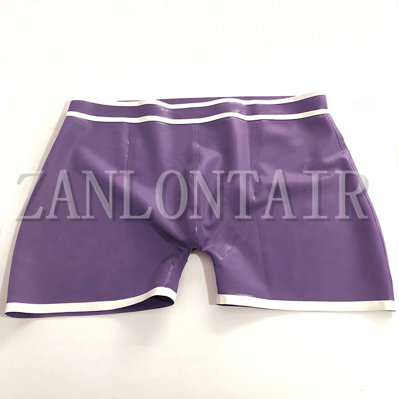 

new sexy exotic lingerie male men handmade purple spliced white trim latex boxer pants undershorts underwear cekc zentai fetish