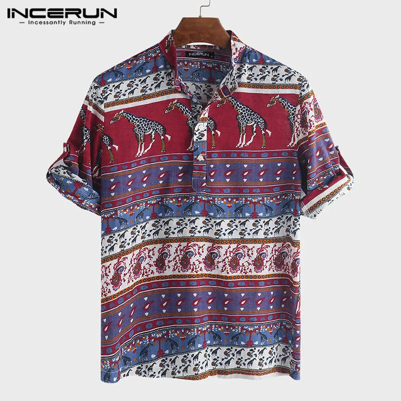 

INCERUN 2019 Print Casual Shirt Men Half Sleeve Stand Collar Retro Ethnic Style Tops Bohemian Beach Hawaiian Shirts Men Camisa