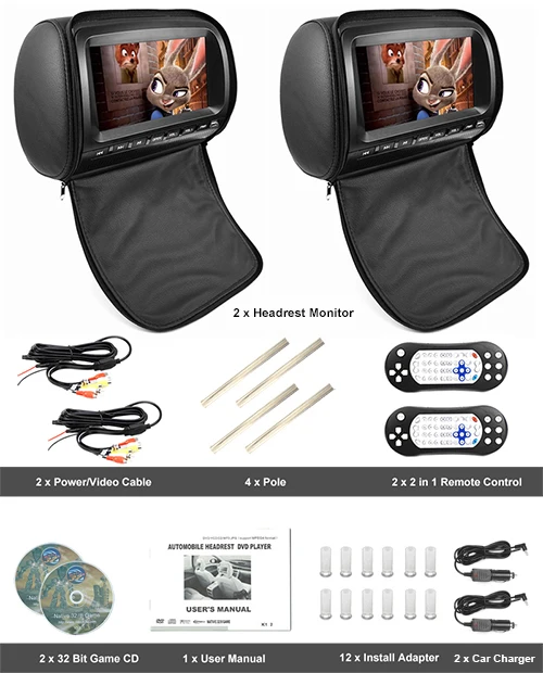 9 inch Car Headrest DVD Player 1080P Video Monitor Leather Cover Black IR Wireless Headphones Touch Screen (3)