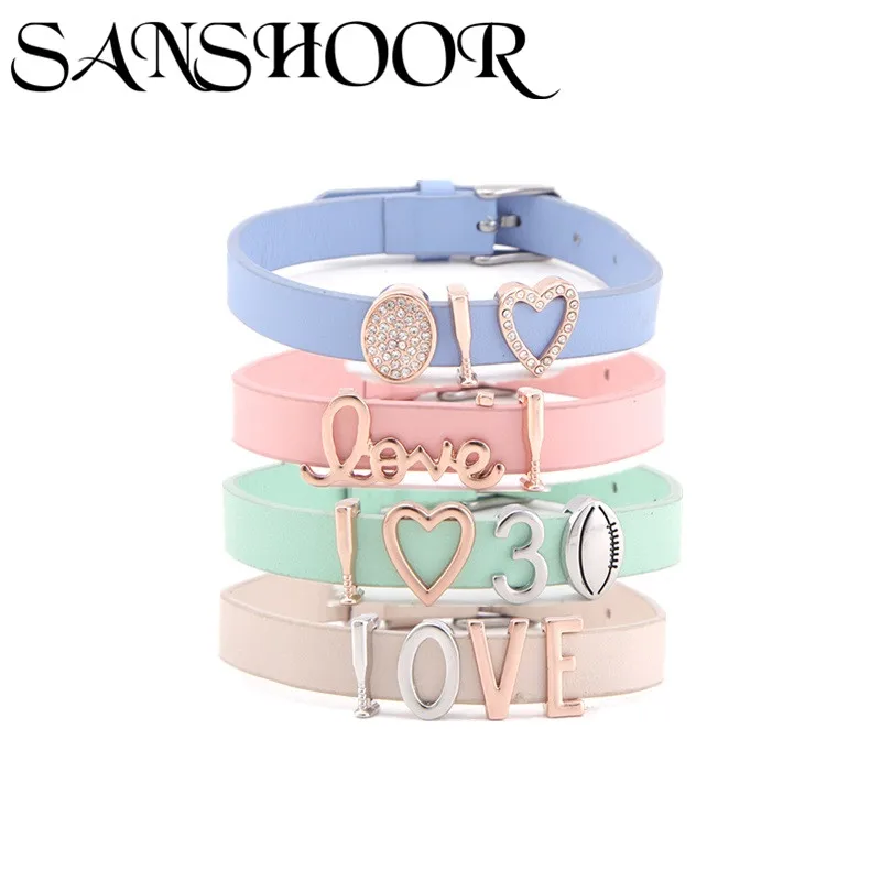 

Dropshipping SANSHOOR Jewelry Sport Baseball Bat Series Slide Charms Fit Various Colors Leather Bracelet Sets as Fashion Gift