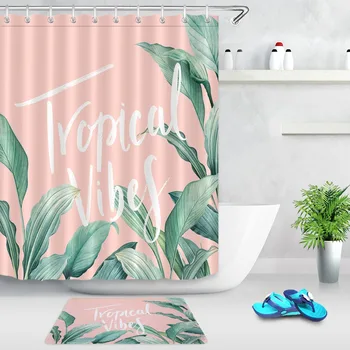 

LB Nordic Green Tropical Plant Shower Curtain Bathroom Waterproof Polyester Fabric Printing Shower Curtain Anti-Slip Mat