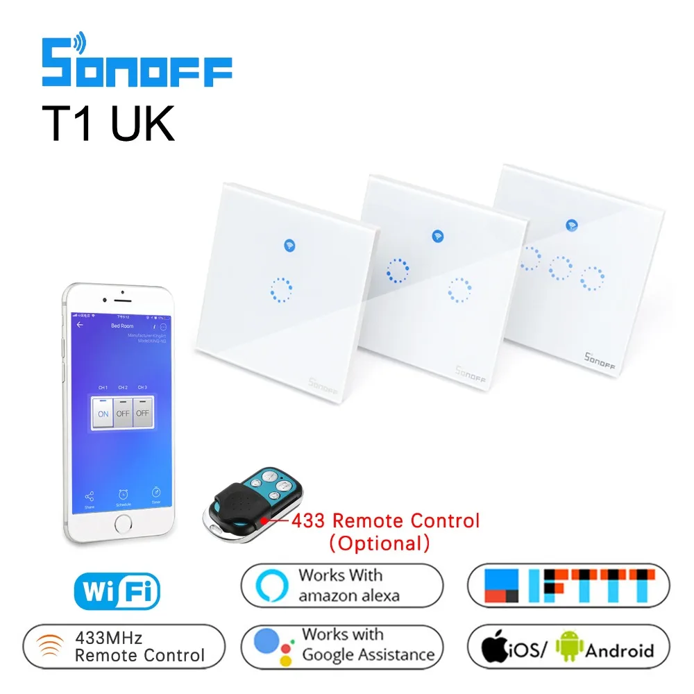 Sonoff WIFI умный сенсорный выключатель света T1 Великобритании партии 1 2 3 Gang Ewelink/433 RF/Голосовое управление Управление выключатель света Поддержка Alexa Google Home