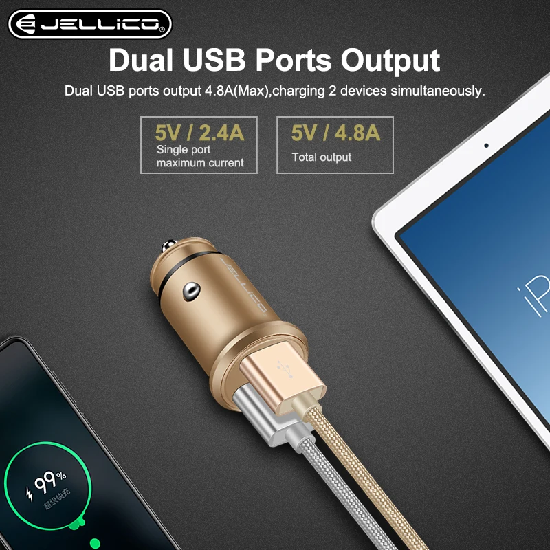 Jellico المعادن شاحن سيارة USB صغير ل فون Xiaomi اللوحي المزدوج USB سيارة مهايئ شاحن الهاتف 5 V 4.8A سريع شاحن سيارة-شاحن