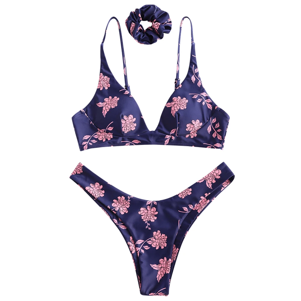 Navy Blue ZAFUL, Цветочный комплект бикини, погружающийся бикини,, Мягкий Купальник для женщин, на тонких бретелях, женский купальник, Maillot De Bain Femme - Цвет: Navy Blue
