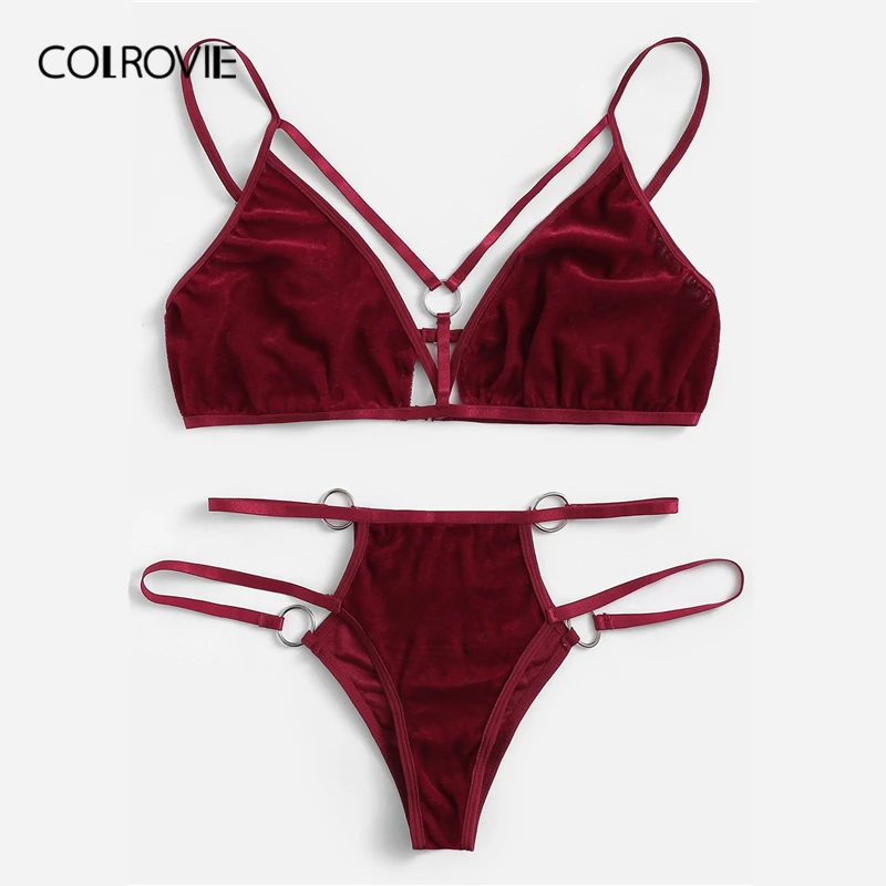 COLROVIE Burgundy Cut Out Harness Velvet Sexy Intimates Women Lingerie Set Wireless Underwear Bra Set Thongs With V-Strings