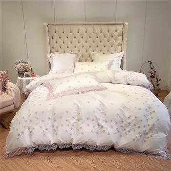 

Pink Lace Edge Floral Duvet cover set Princess style Bedding for Girls Ultral Soft Tencel silk King Queen size Bed sheet set
