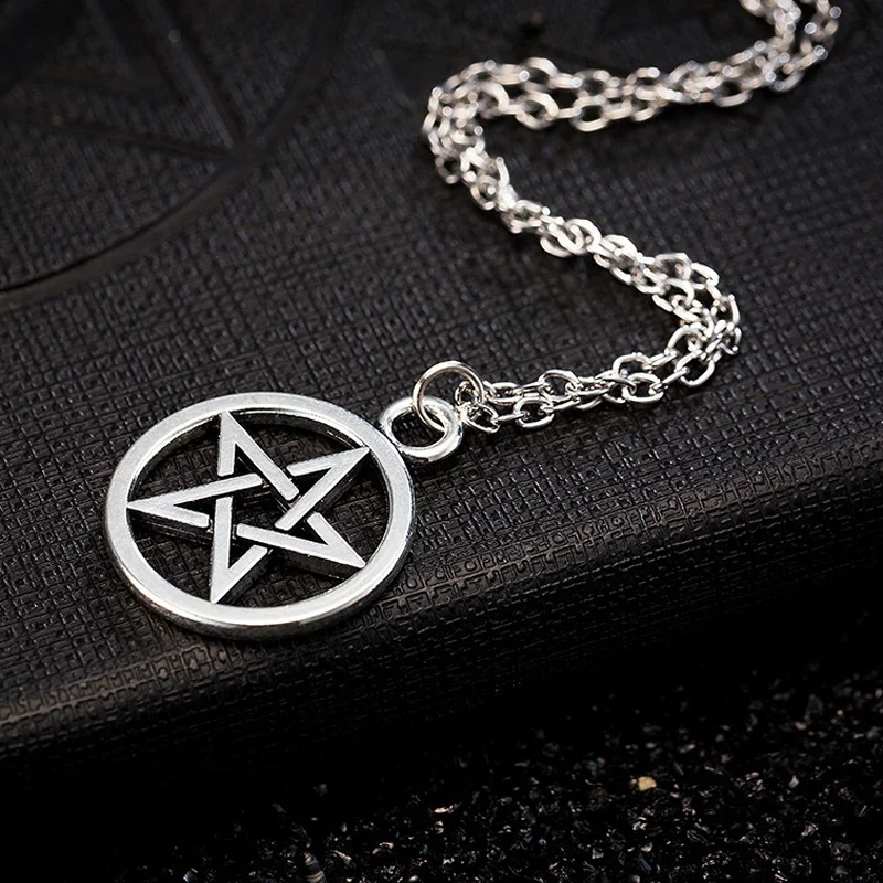 

Fashion Pagan Wicca Inverted Star Pentagram Pentacle Vintage Retro Antique Silver Pendant Chain Necklace