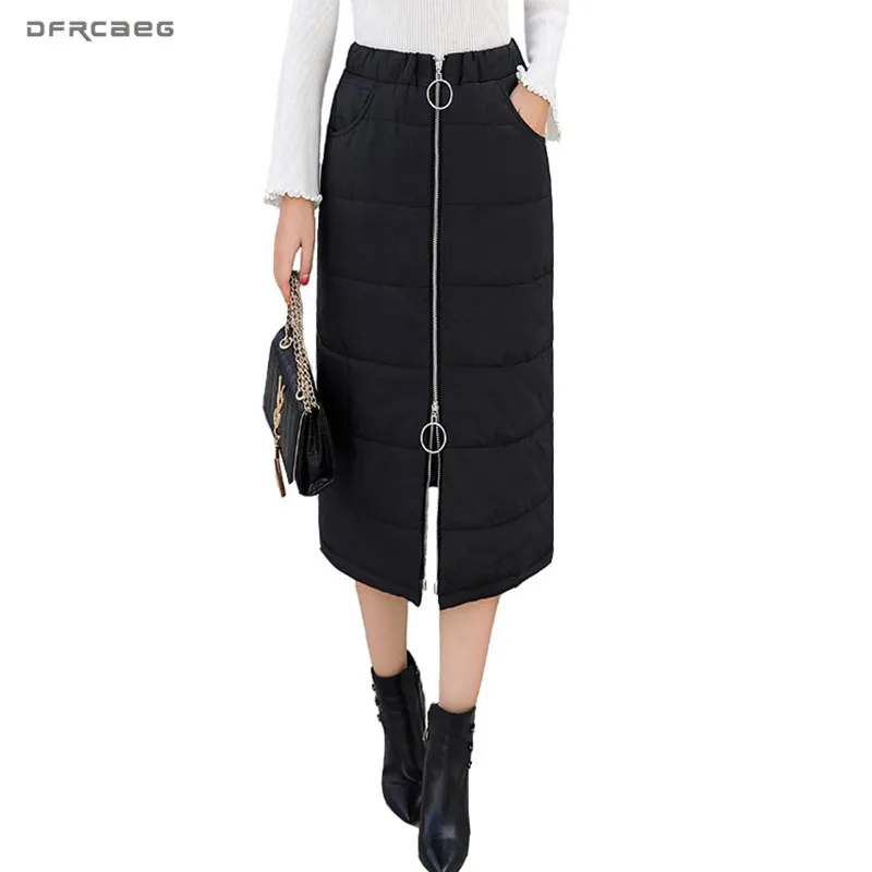 

Warm Elastic Waist Down Cotton Pencil Skirts Women 2018 Winter New Arrivals Zipper Thicken Long Skirt Black Saia Longa Female