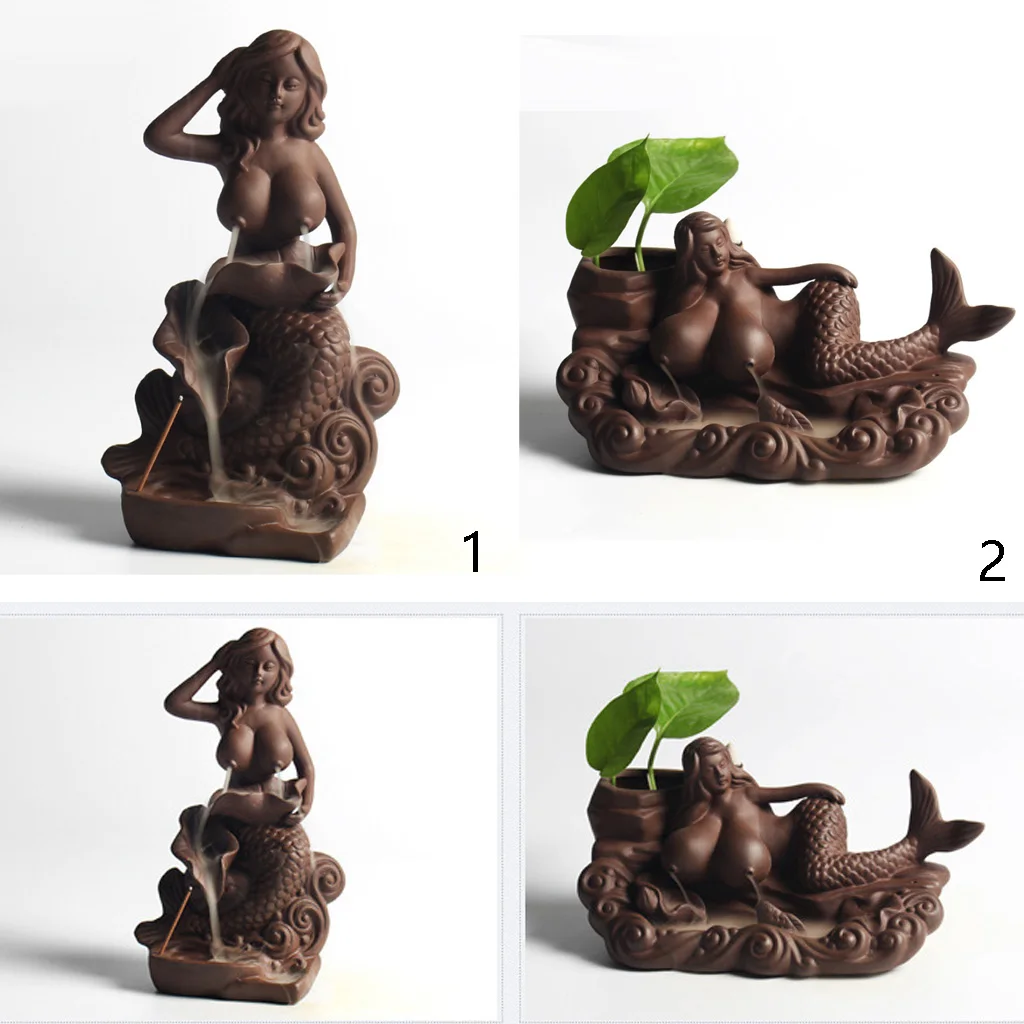 Ceramic Brown Mermaid Incense Burner Statue Burner Figurine Statue Home Decor Tea House Bedroom Table Decoration Great as Gift 