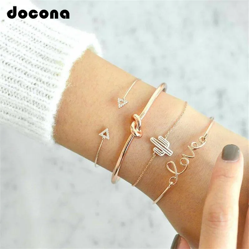 

Docona 4pc/set Trendy Bohemia Cactus Love Hand Cuff Charm Adjustable Bracelet Bangle for Women Gold Bracelets Femme Jewelry 6116