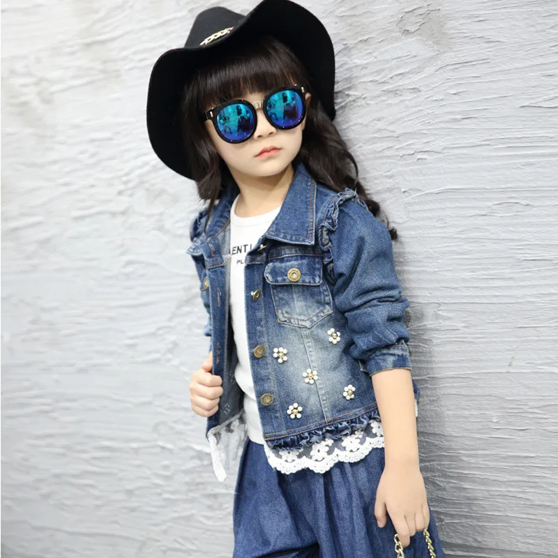 

Flower Pearl Lace Bottom Girls Clothes 2017 Girls Coat Autumn Children Jackets Long Sleeves Denim Jacket Coat Girl Clothing