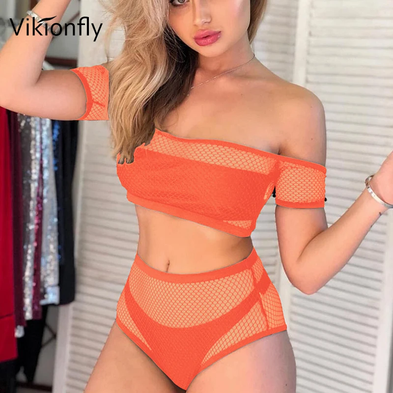 Vikionfly 4PCS Set High Waist Swimsuit Bikini Women 2020 Sexy Off Shoulder Mesh Swimwear Bandeau Bathing Suit Swimming | Женская одежда