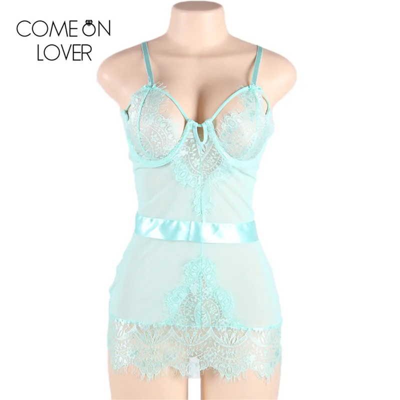 Comeonlover Lace sheer mesh sexy sleepwear strappy see through open cup cutout lace lingerie RL80233 black/blue lenceria erotica