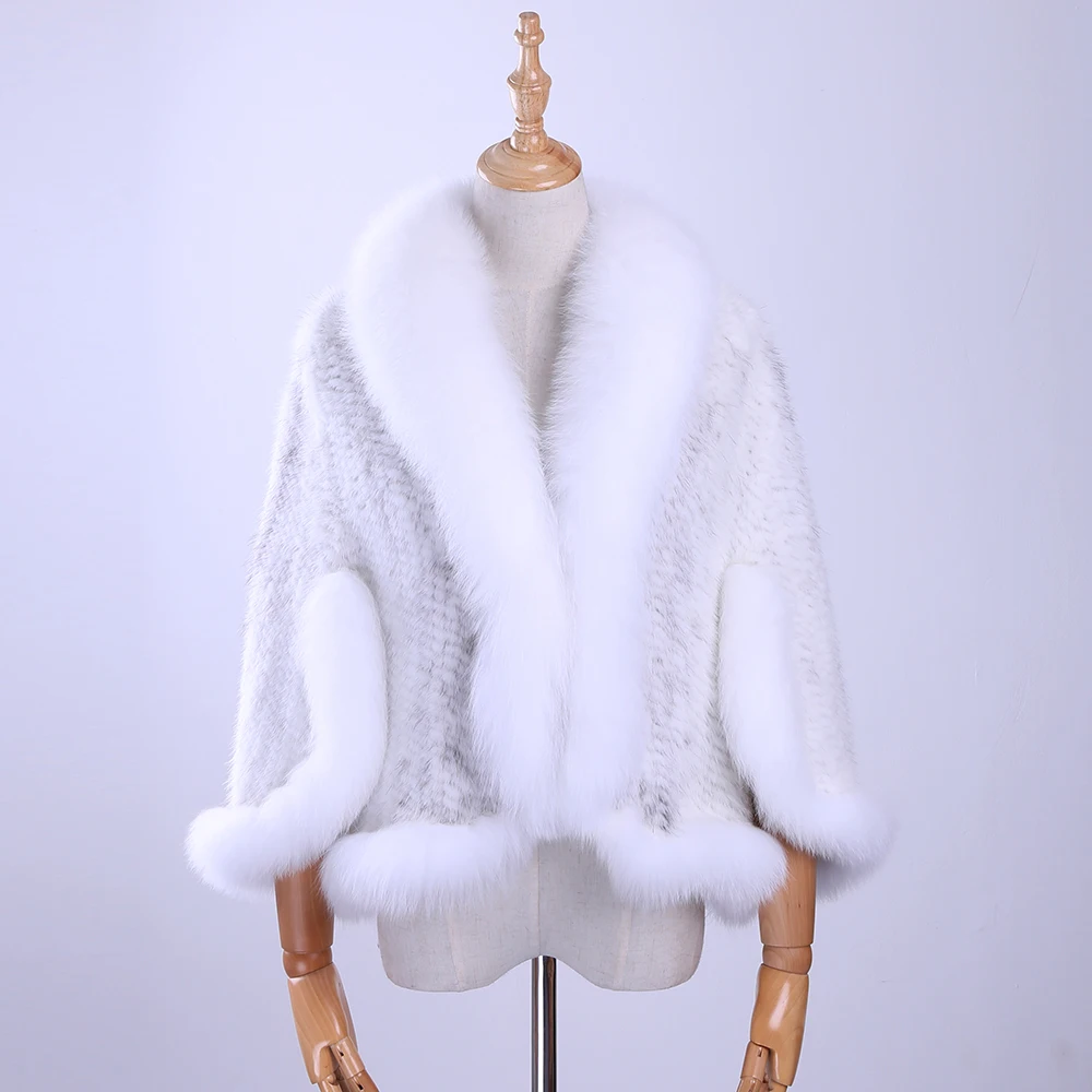 

Free Shipping New Genuine Knitted Mink Fur Shawl Wrap Cape with Fox fur collar Triming women Lady mink fur coat Jacket Stole