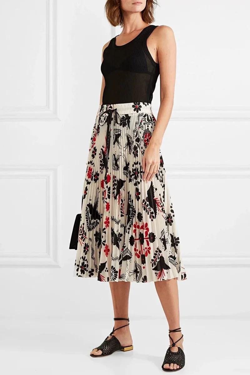 

2019 New Women Pleated Skirt Flower Print Elastic High Waist Midi Skirt