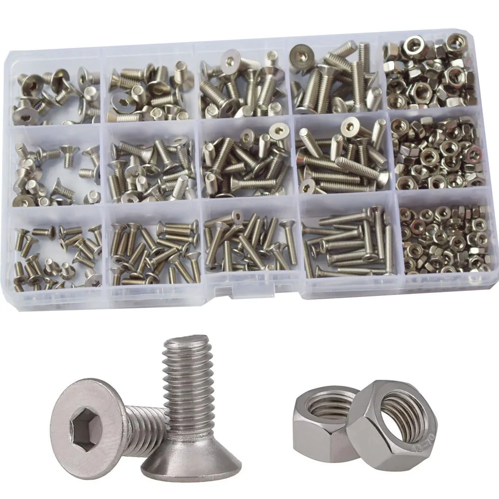 

Hex Flat Head Socket Cap Machine Screw Thread Metric Countersunk Hexagon Bolt Nut 304Stainless Steel Assortment Kit Set M3 M4 M5