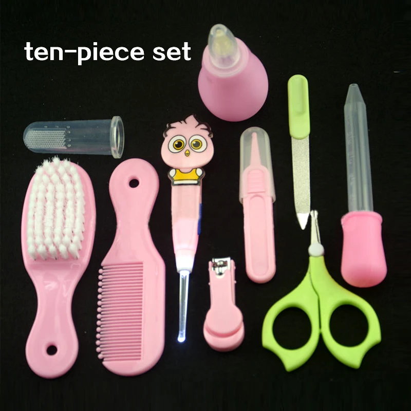 10 and 9 Pcs/Set Safety Newborn Baby Health Care Set Nail Hair Brush Thermometer Nose Cleaner Grooming Kit With Bag
