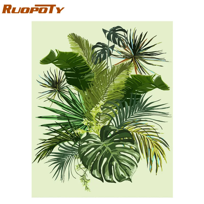 

RUOPOTY Frame DIY Painting By Numbers Nordic Style Leaf Acrylic Coloring By Number Kit Modern Home Wall Art Picture Home Gift