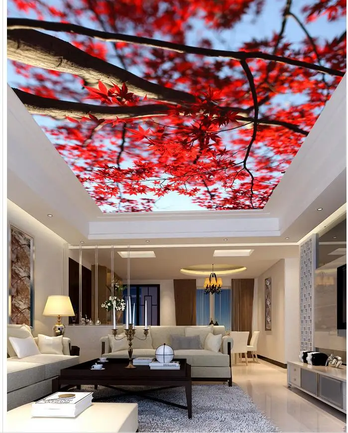Maple tree branches sky ceiling 3d wallpaper modern for living room