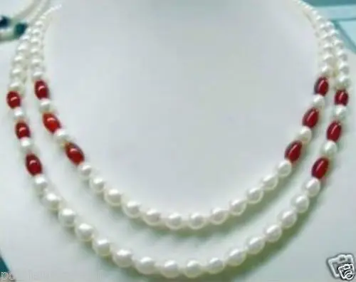 

Hot sale new Style >>>>>Jewelry 7-8mm White pearl ruby bead necklace 2 rows