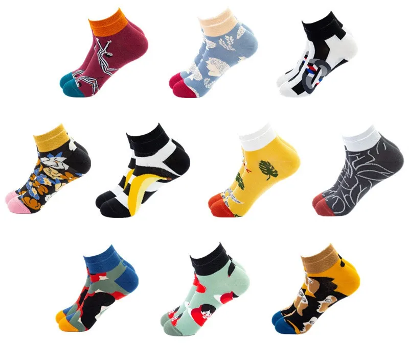 10 пар/лот, мужские летние короткие носки, новинка, креативный дизайн, повседневные носки-лодочки, чёсаный хлопок, цветные короткие носки