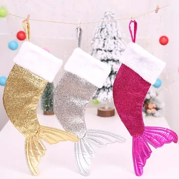 

New Santa Claus Candy Bag Christmas Decoration Fish Shape Sequins Mermaid Tail Sock Children Xmas Gift Bags Home Hanging Decor