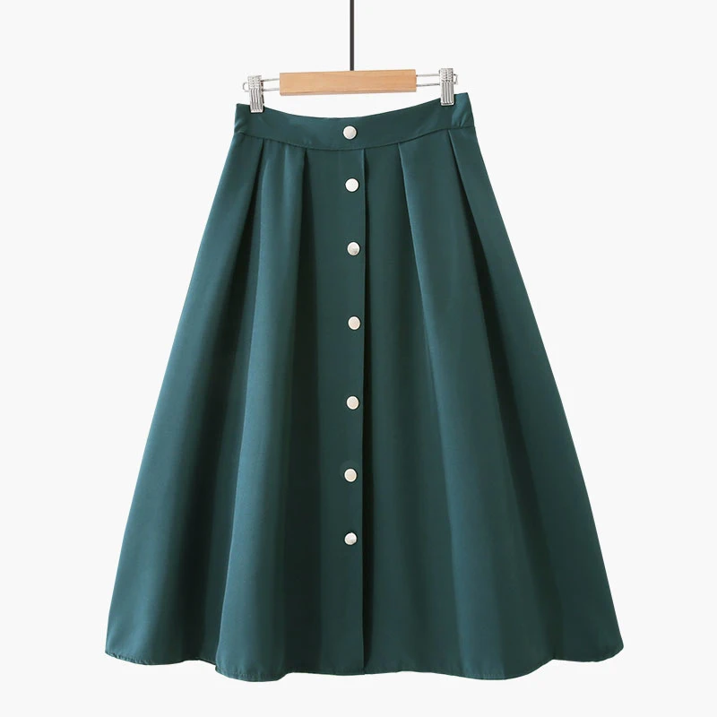 

2019 Autumn Skirt Women High Waist Vintage Solid Color Midi A-Line Skirts Saia Single-breasted Green Skirt Faldas Jupe Femme