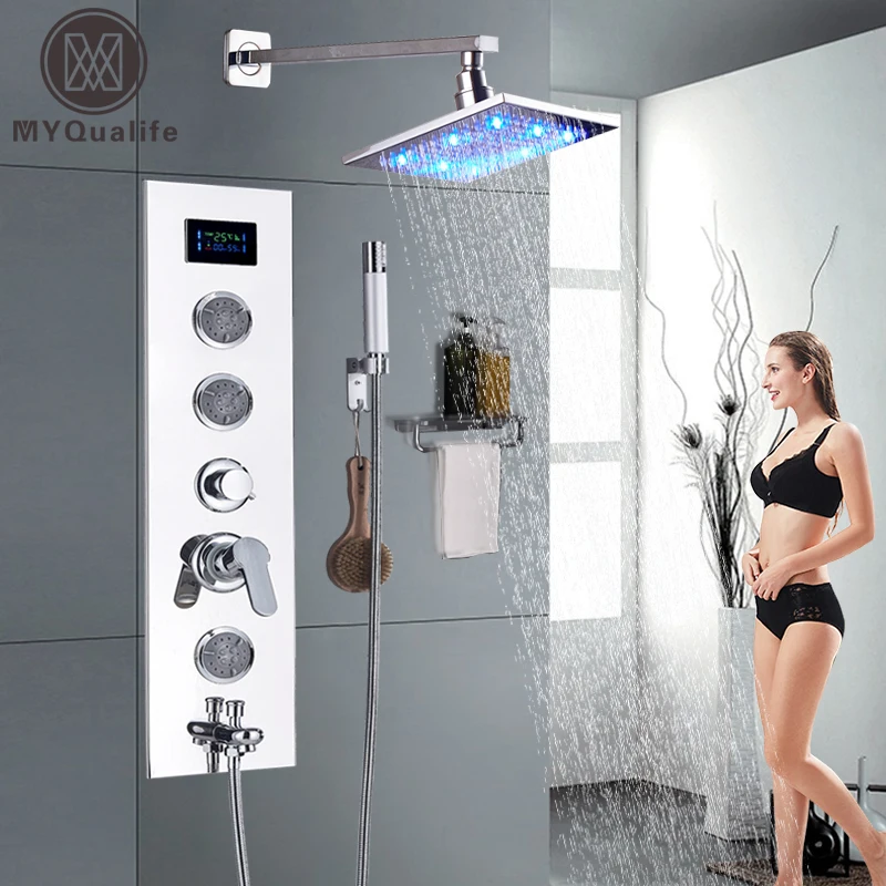 Изысканный душ со светодиодом панель и душевая головка комбинация настенный хромированный смеситель для душа 4 функции смеситель для ванной комнаты