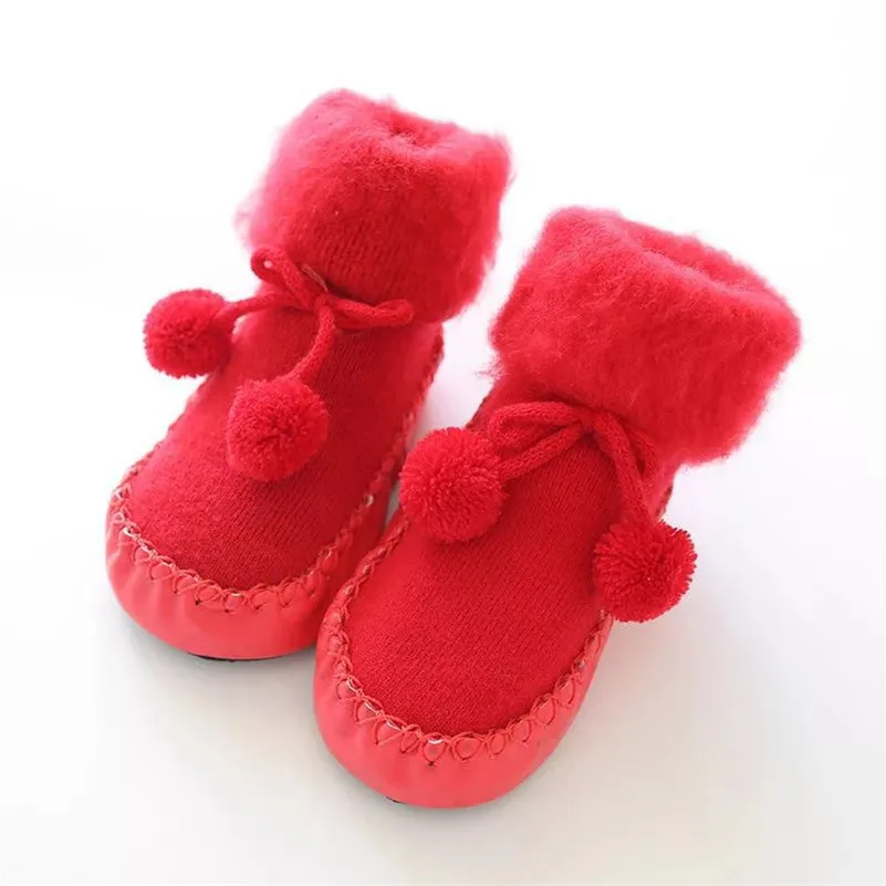 Детские носки для малышей, теплые ботиночки, носки с резиновой подошвой для малышей, носки для новорожденных мальчиков, детские зимние носки - Цвет: Красный