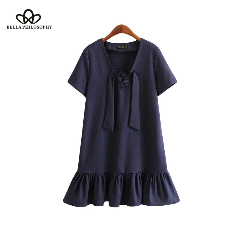 

Bella Philosophy Summer Preppy Style Shirt Dress Casual Navy Blue Pleated Dresses Bow Tie Short Sleeve V-Neck Beach Dress