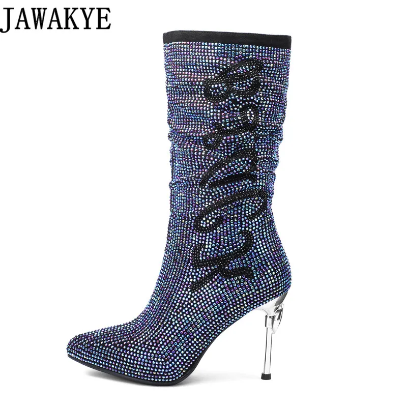 

New Design Luxury winter Shoes Rhinestone mid calf Botas Diamond sexy short boots metal high Heels Crystal ankle Boots for women