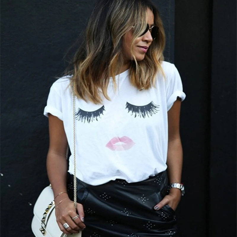 

Kawaii Red Lips Eyelash Printed White Women's T-shirt Funny Casual Short Sleeve Ladies T Shirt Plus Size Tops Female Clothes