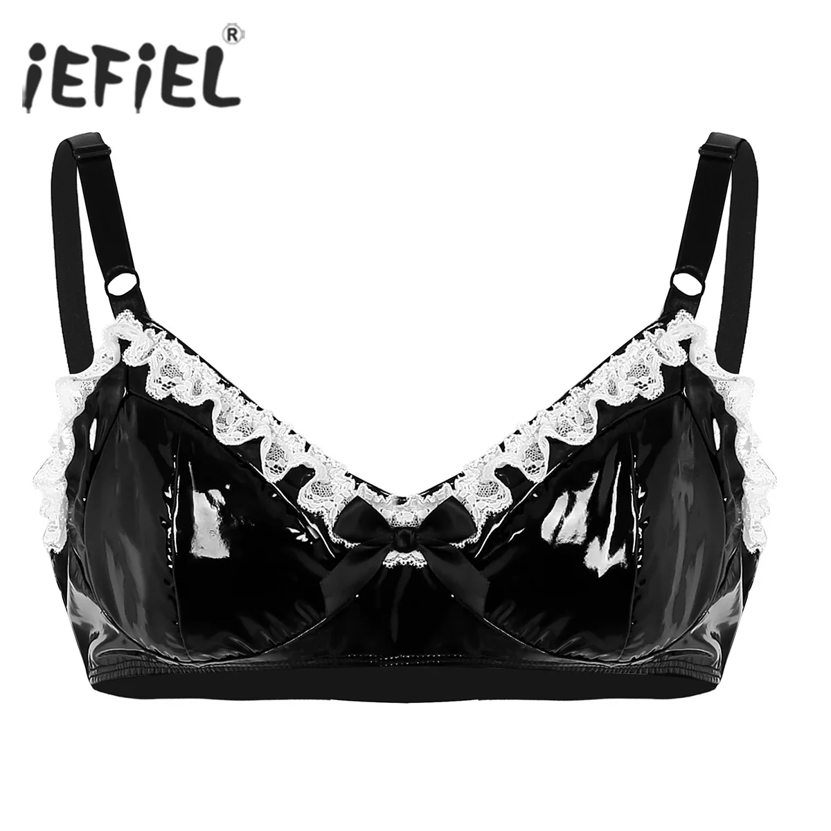 

Panty Sissy Gay Mens Underwear Sexi Tanks Black Spaghetti Straps Lingerie Nightwear Lace with Bowknot Wetlook Club Bra Top