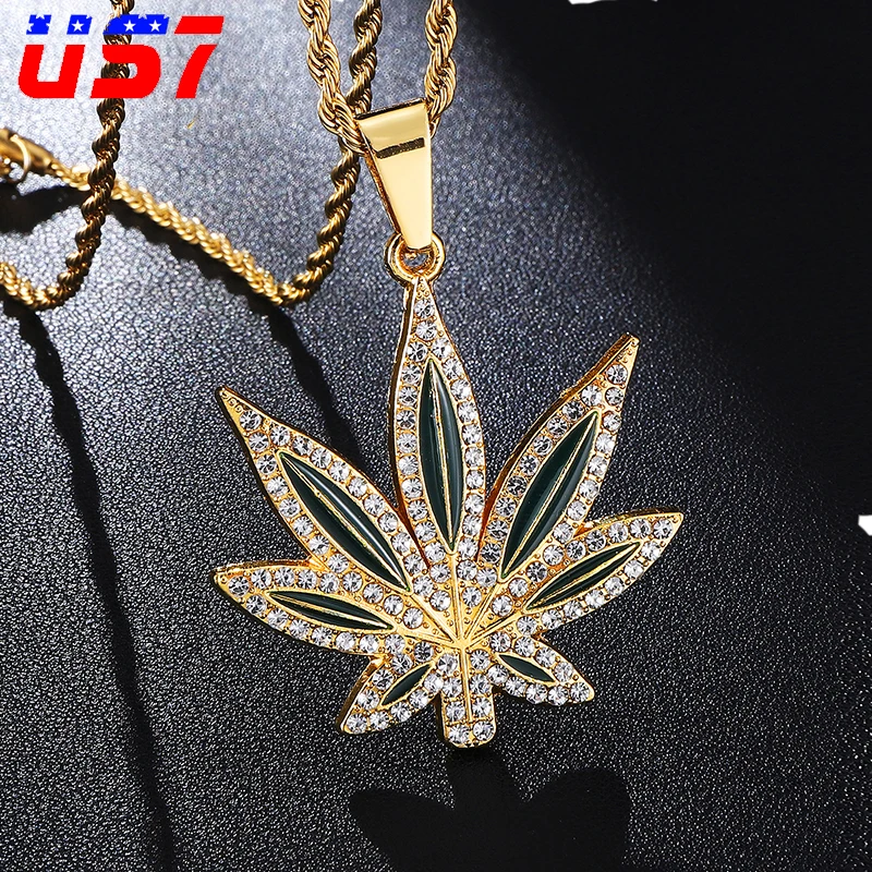 

US7 Iced Out Maple Leaf Pendants Necklaces Crystal Zircon Rhinestone Weed Maple Necklace Hip Hop Rapper Jewelry