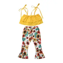 Детская одежда для малышей для девочек с открытыми плечами ремни Растениеводство футболки подсолнухи широкие брюки свободные штаны 2 шт