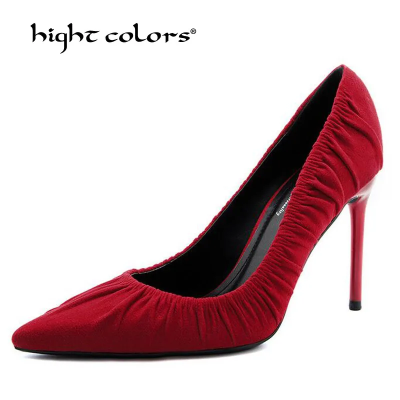 

Top Quality Flock Sexy Pointed Toe Women Red Black Shoes Sexy High Heels 2019 Thin Heels Party Women Pumps Weeding shoes PF354