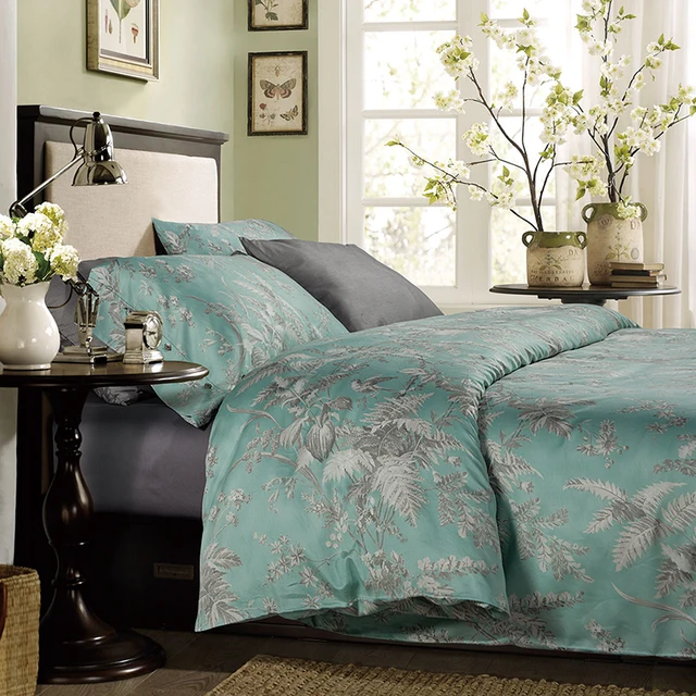 100 Sateen Cotton Bedding Set plant printed Duvet Cover set 300TC Home